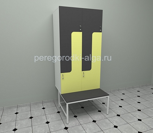 Фото Шкаф двухсекционный с лавочкой на металлическом каркасе, двери Z- или L-образные